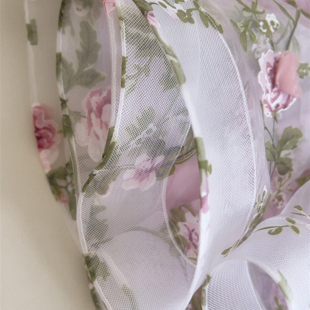 
                      
                        Square Neck Pink Floral Print Long Dress with 3D Floral
                      
                    