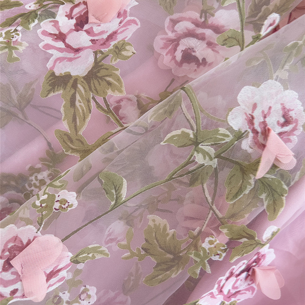 
                      
                        Square Neck Pink Floral Print Long Dress with 3D Floral
                      
                    