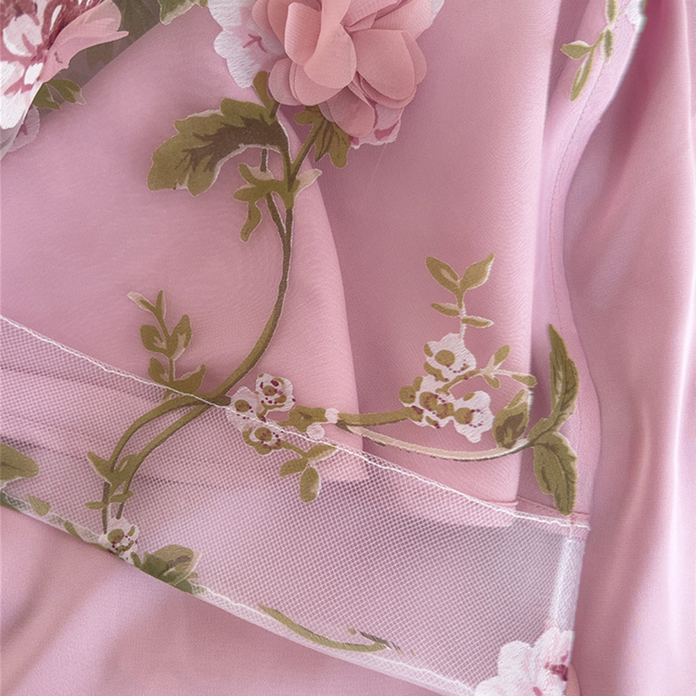 
                      
                        Square Neck Pink Floral Print Long Dress with 3D Floral
                      
                    