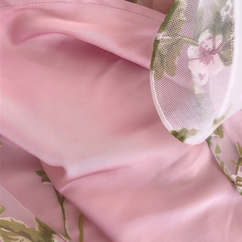 
                      
                        Square Neck Pink Floral Print Long Dress with 3D Floral
                      
                    