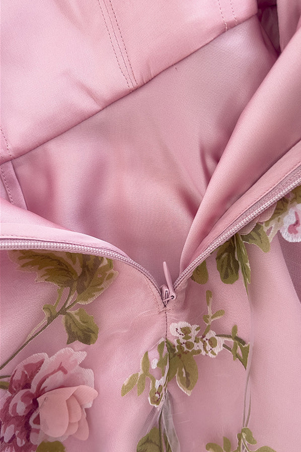 
                      
                        Square Neck Pink Floral Print Long Dress with 3D Floral
                      
                    