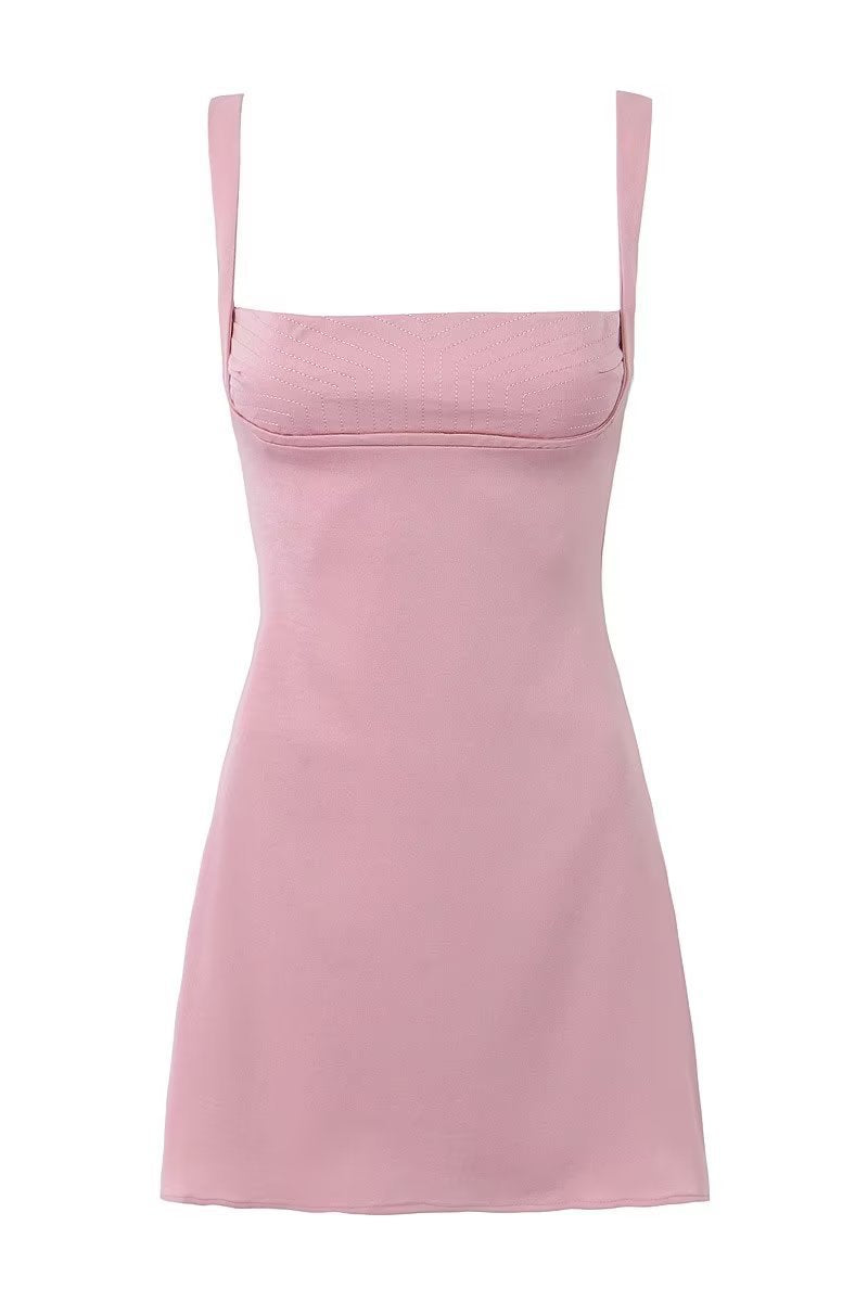 Square Neck Pink High Waist Mini Dress