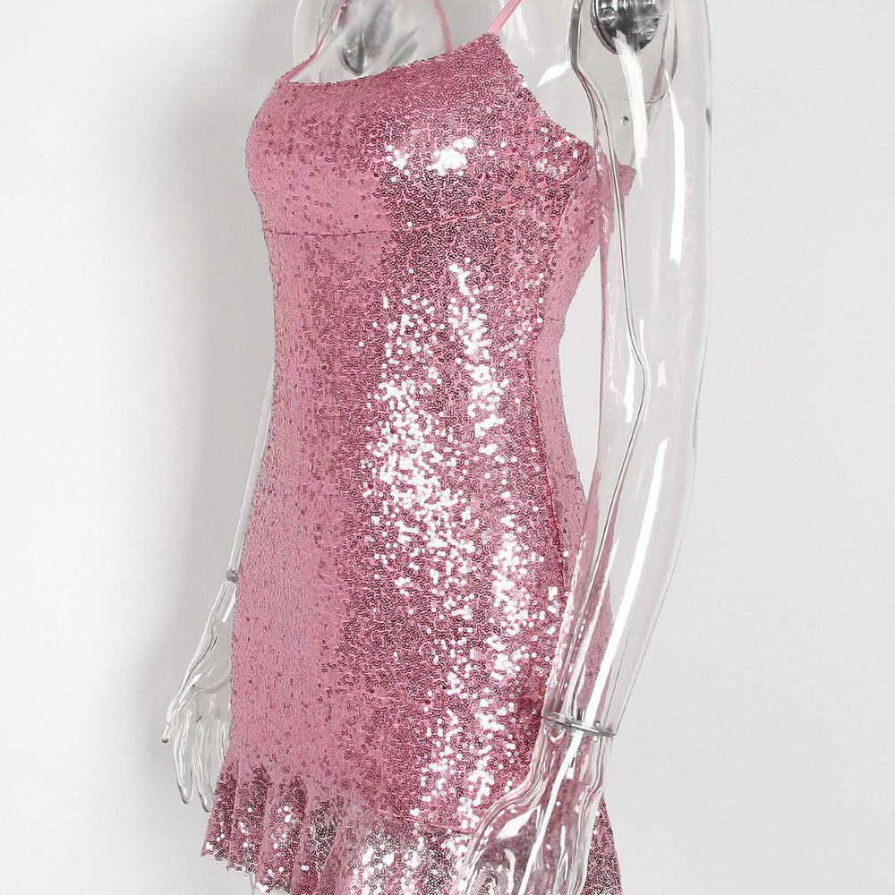 
                      
                        Square Neck Pink Ruffled Hem Sequin Short Dress
                      
                    