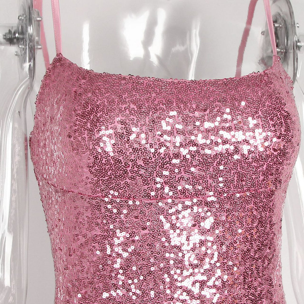 
                      
                        Square Neck Pink Ruffled Hem Sequin Short Dress
                      
                    