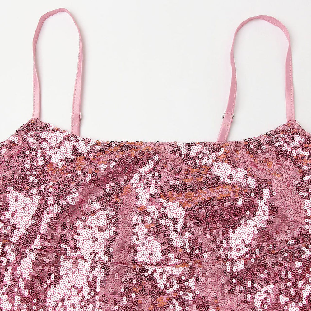 
                      
                        Square Neck Pink Ruffled Hem Sequin Short Dress
                      
                    