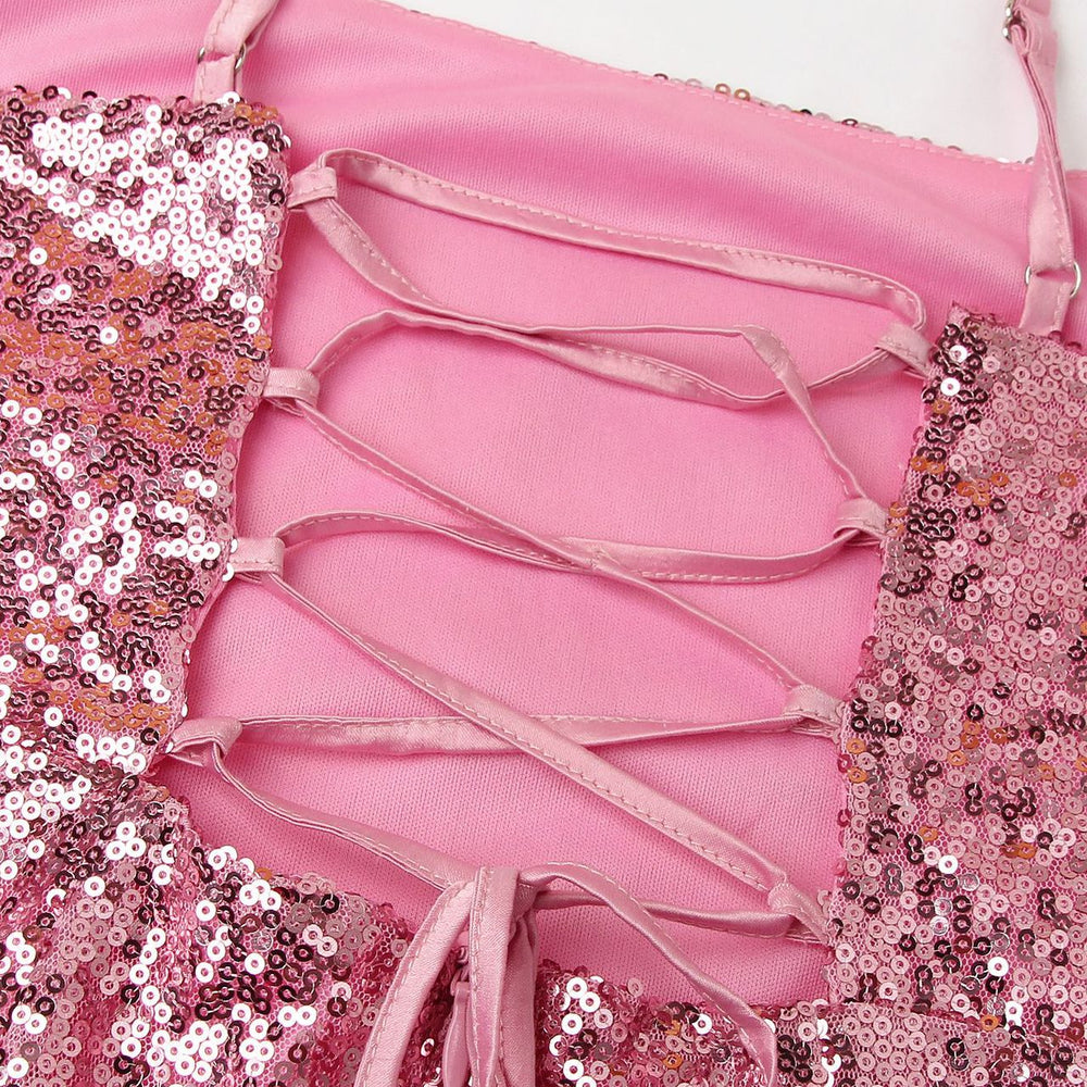 
                      
                        Square Neck Pink Ruffled Hem Sequin Short Dress
                      
                    