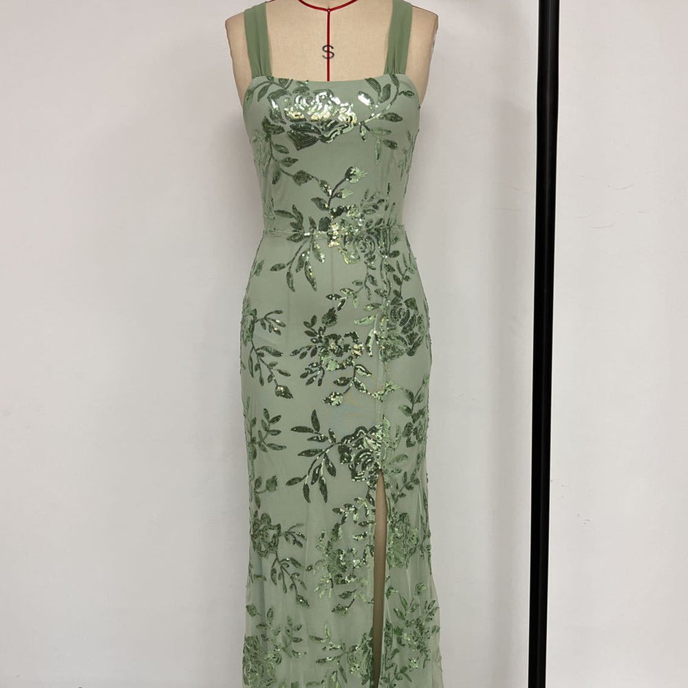 
                      
                        Square Neck Purple Floral Sequin Long Dress with Slit
                      
                    