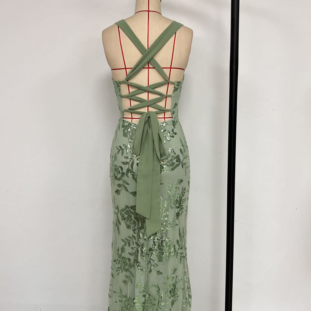 
                      
                        Square Neck Purple Floral Sequin Long Dress with Slit
                      
                    