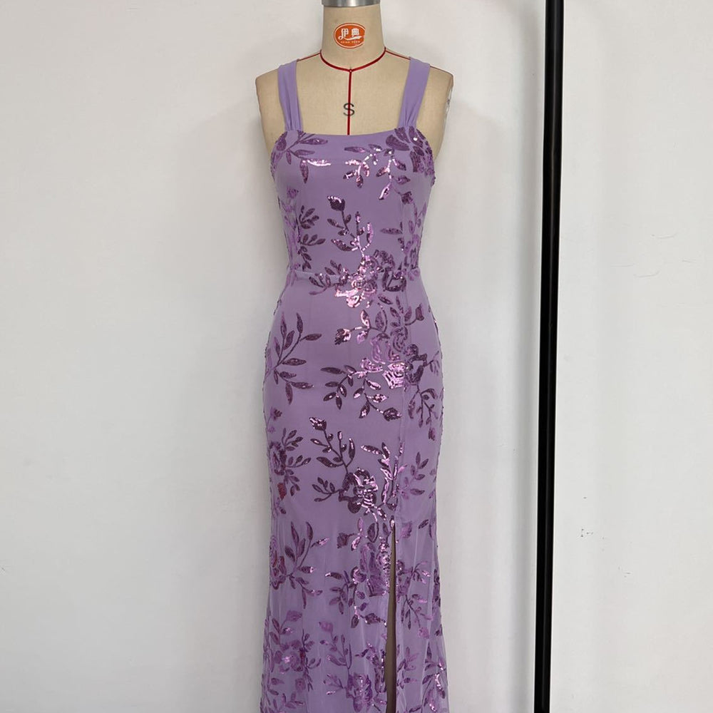 
                      
                        Square Neck Purple Floral Sequin Long Dress with Slit
                      
                    