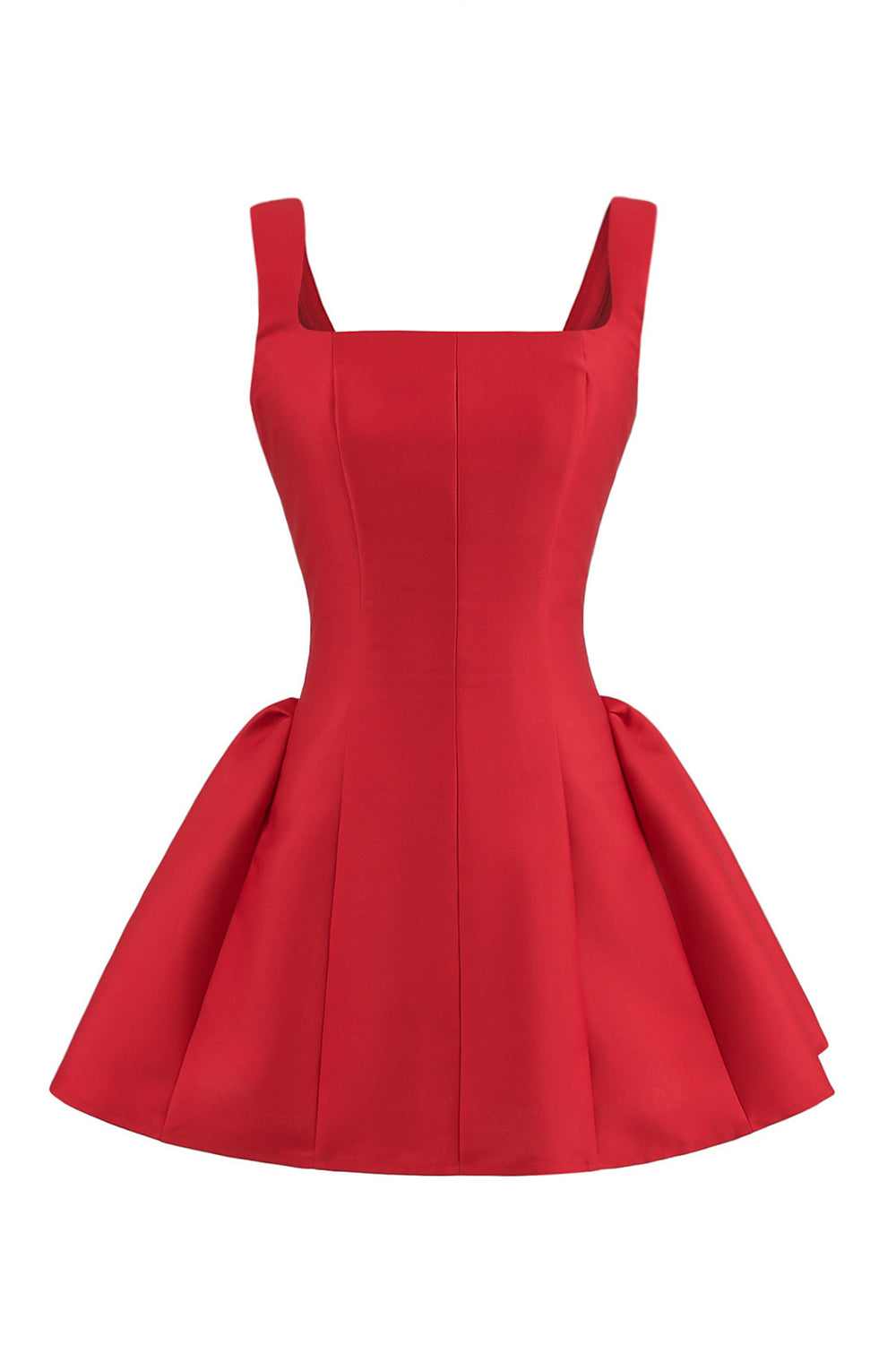 Square Neck Red Pleated A-line Short Dress