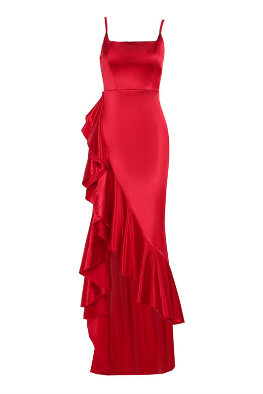 Square Neck Red Ruffled Hem A-line Long Dress