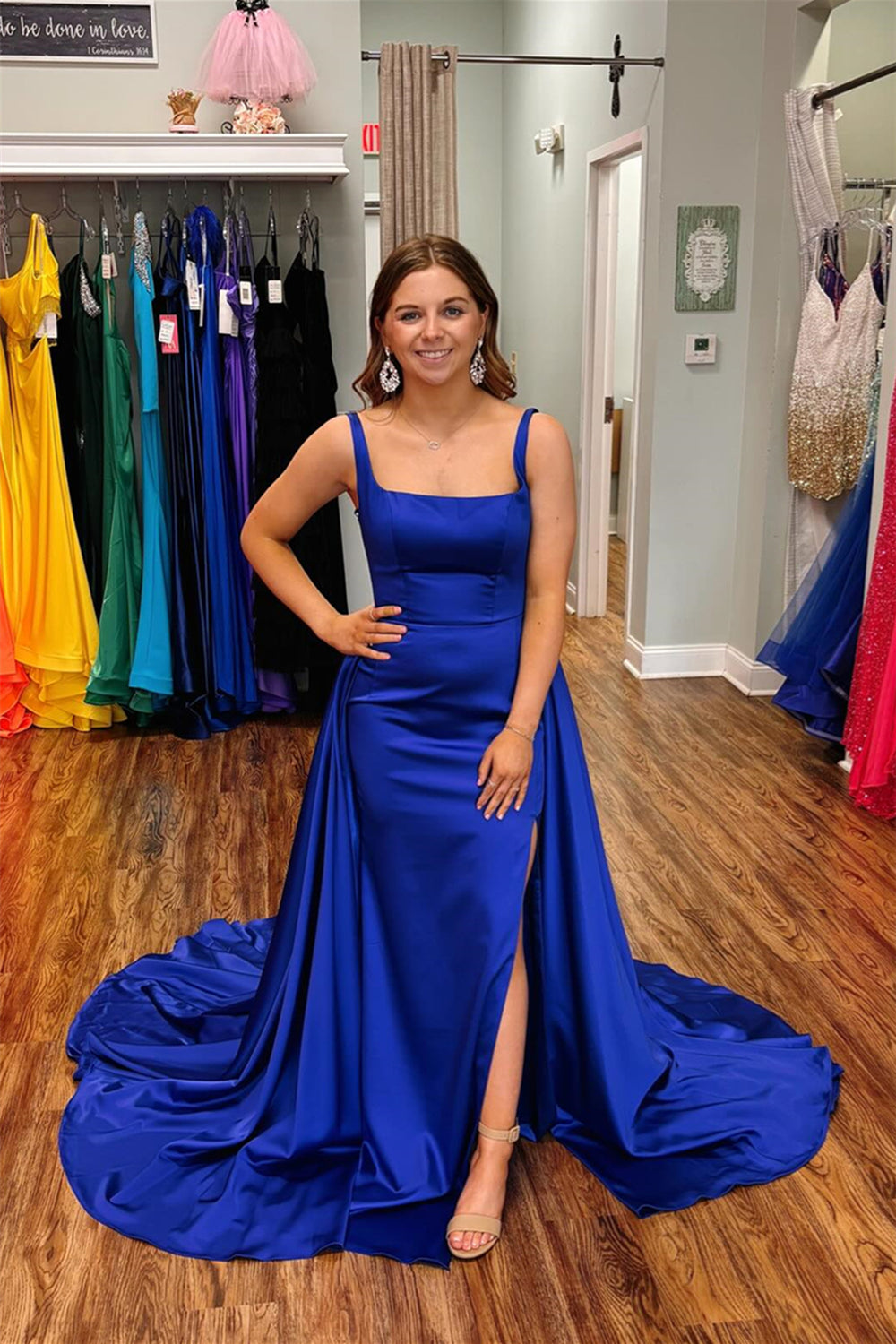 Square Neck Royal Blue Mermaid Long Dress with Slit