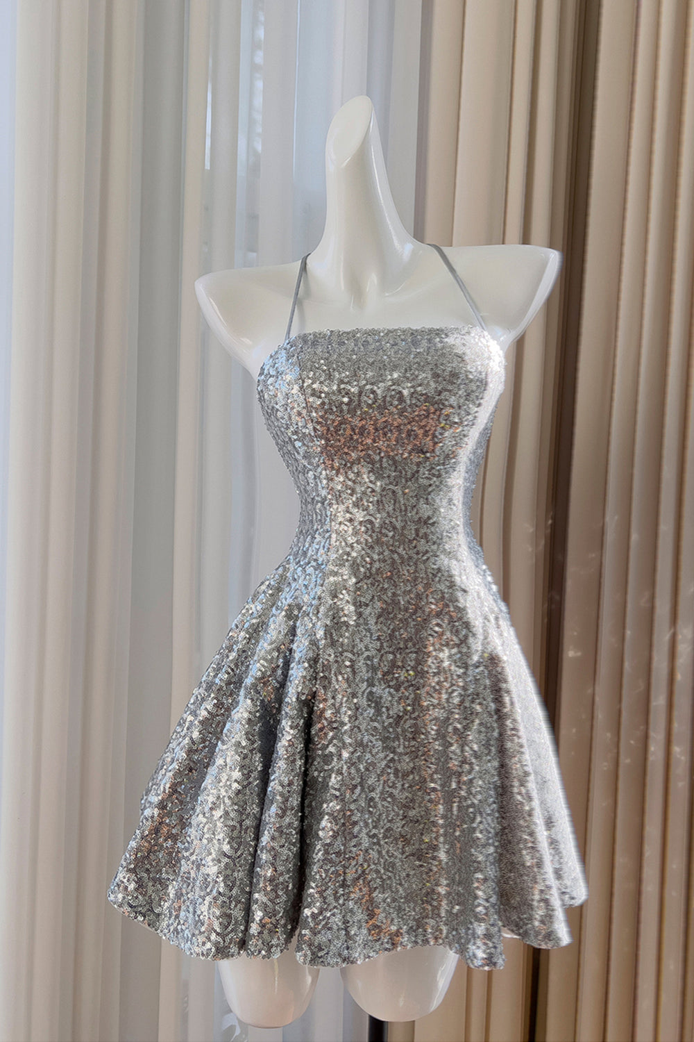 Square Neck Silver Sequin A-line Short Dress