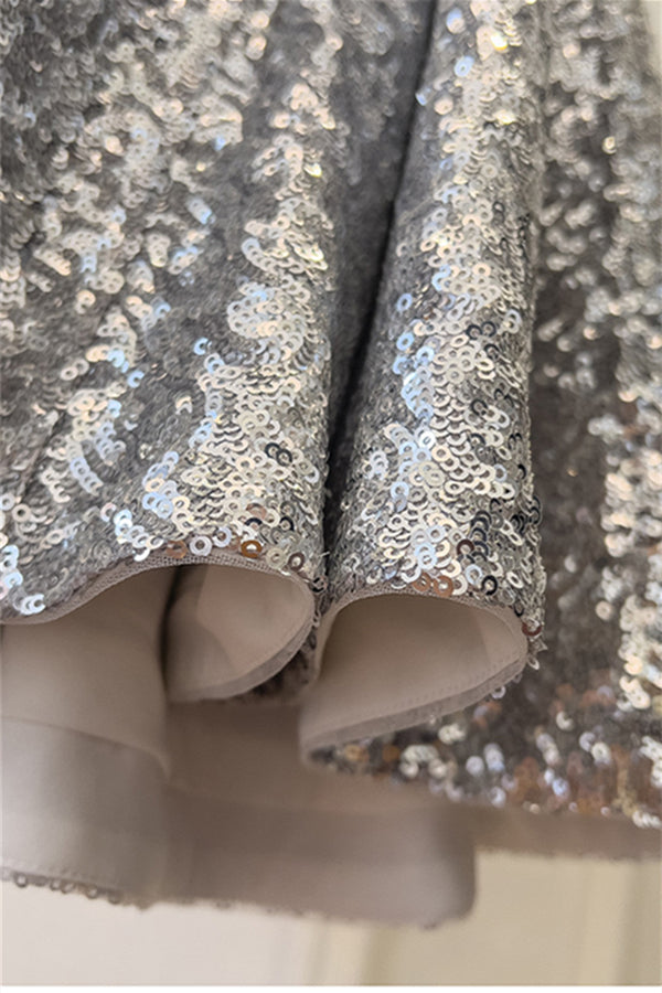 
                      
                        Square Neck Silver Sequin A-line Short Dress
                      
                    