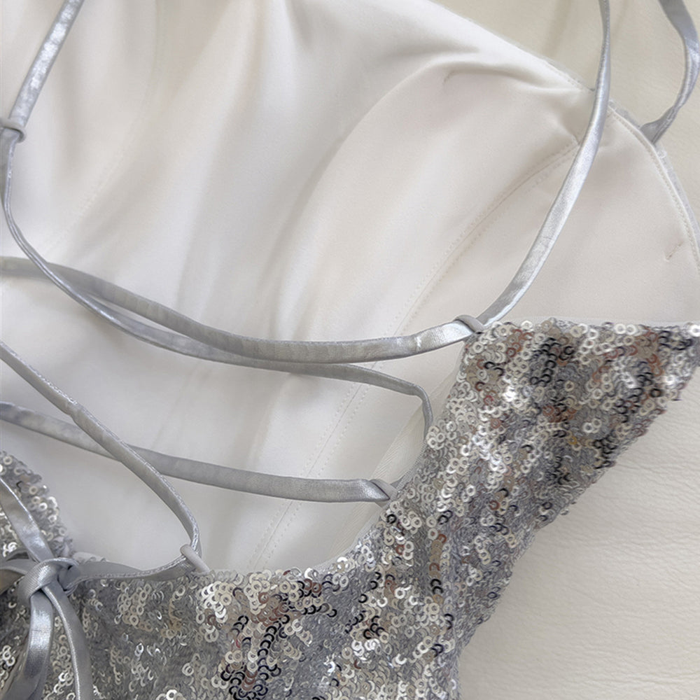 
                      
                        Square Neck Silver Sequin A-line Short Dress
                      
                    
