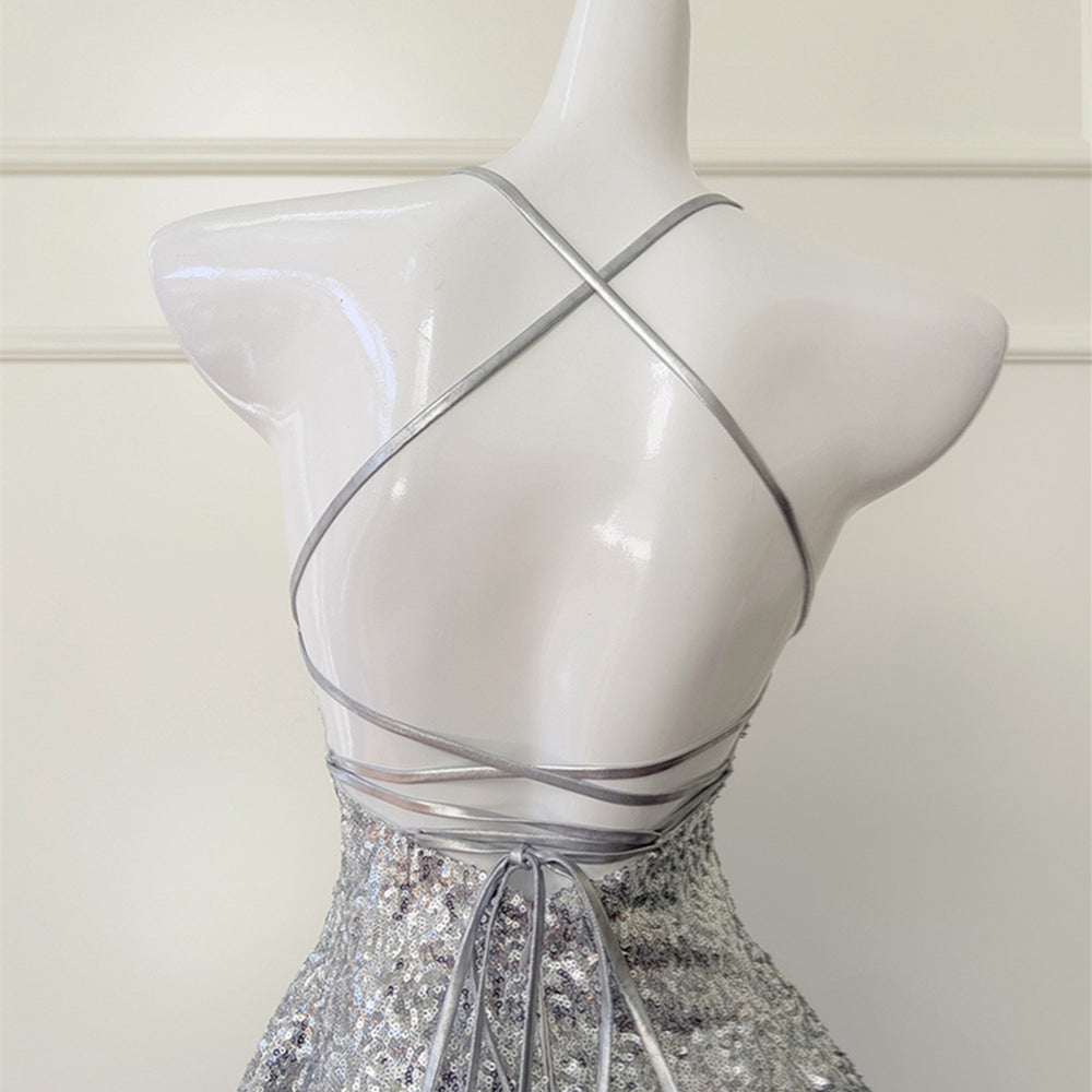 
                      
                        Square Neck Silver Sequin A-line Short Dress
                      
                    