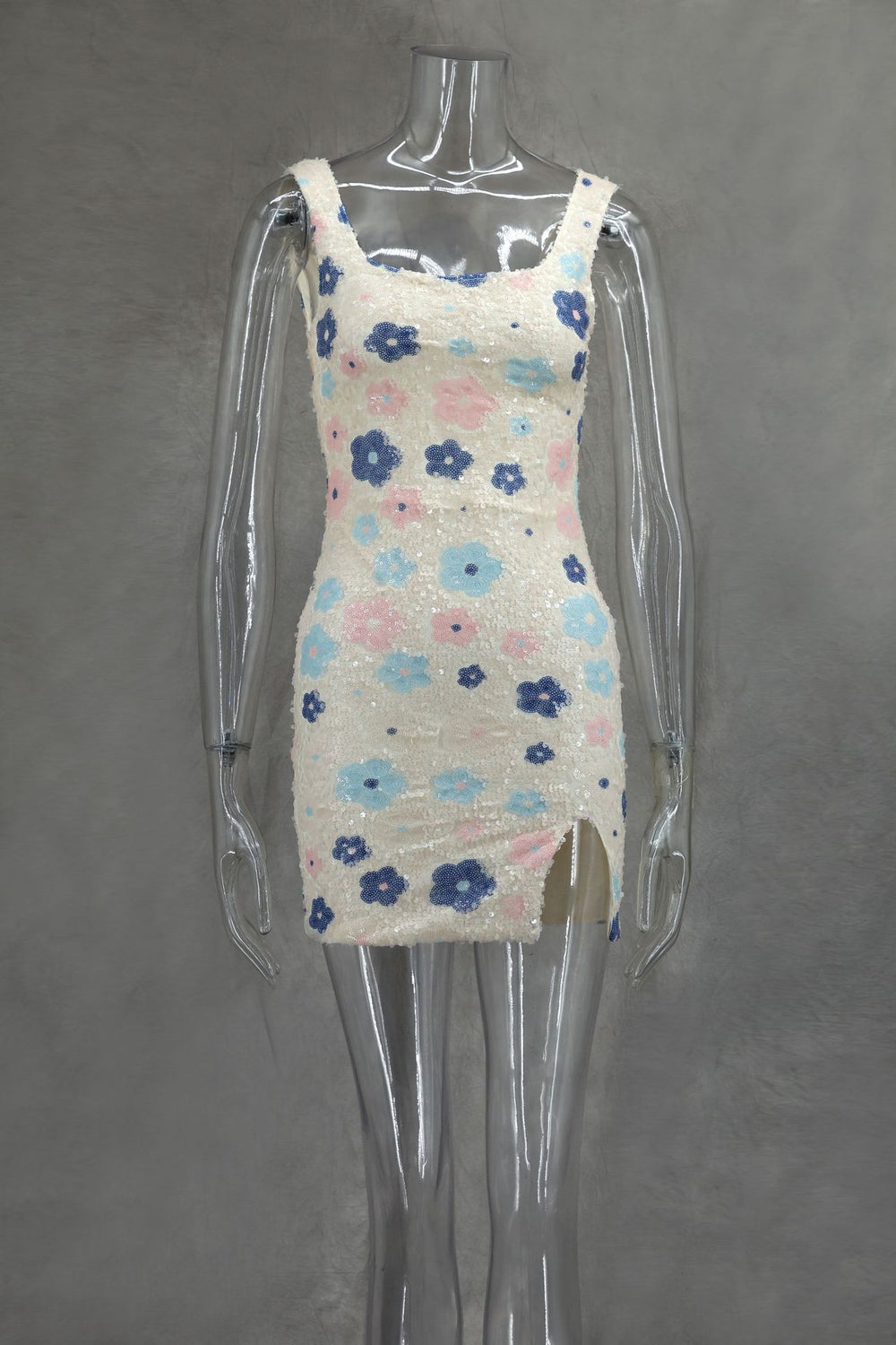 Square Neck White Floral Sequin Short Dress with Slit