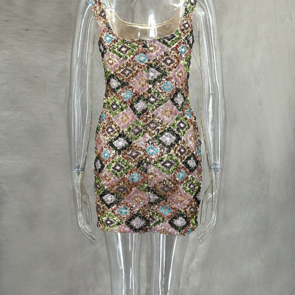 
                      
                        Square Neck White Floral Sequin Short Dress with Slit
                      
                    