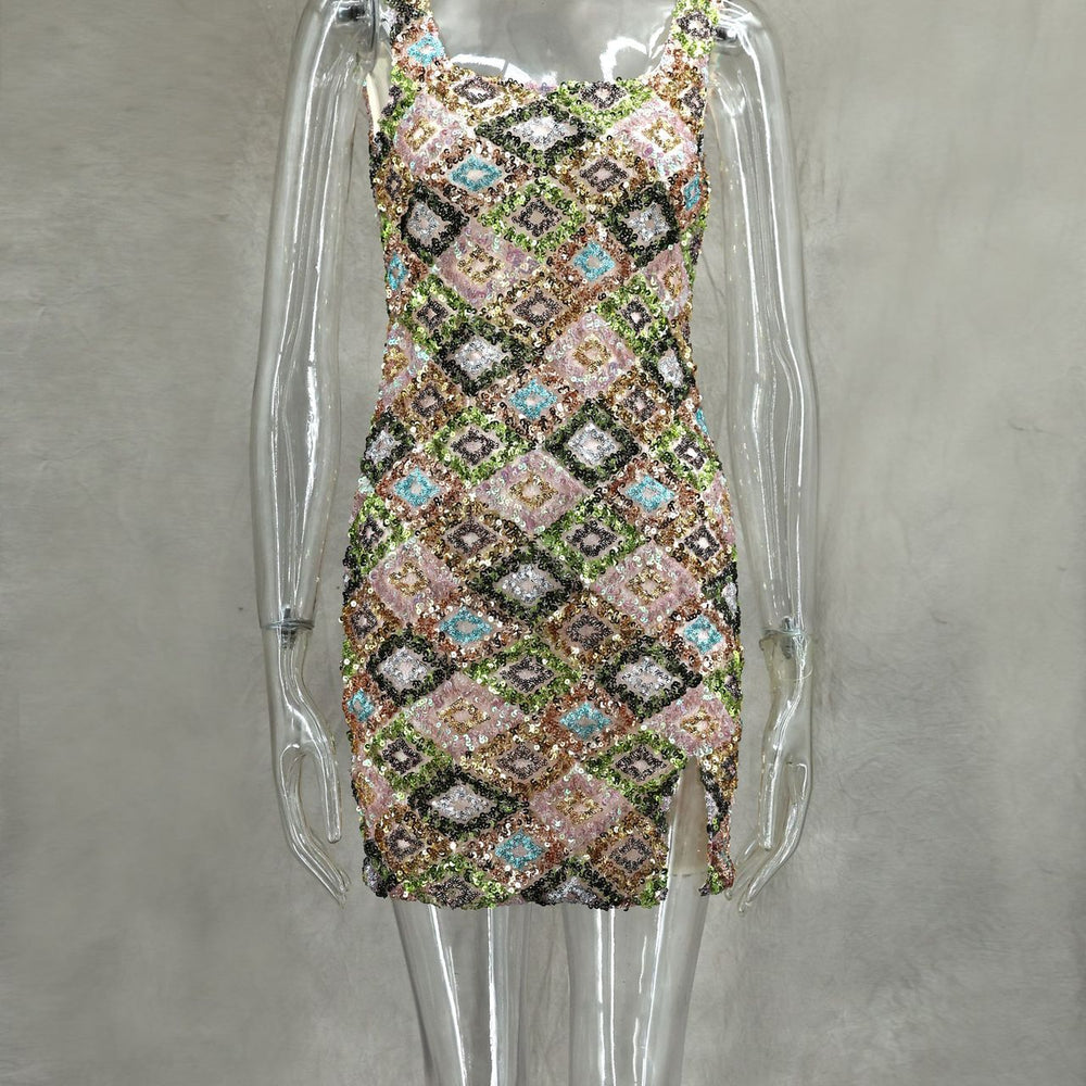 
                      
                        Square Neck White Floral Sequin Short Dress with Slit
                      
                    