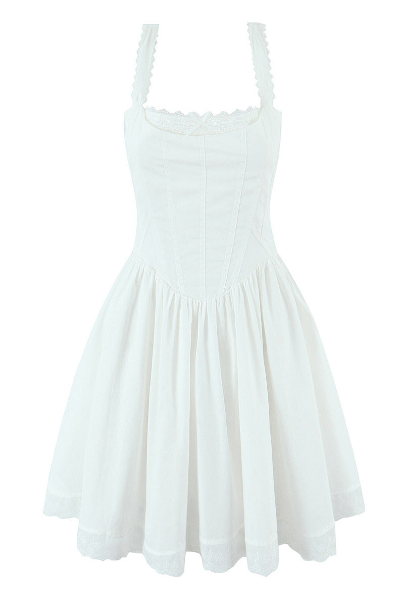 Square Neck White Lace Hem Short Dress