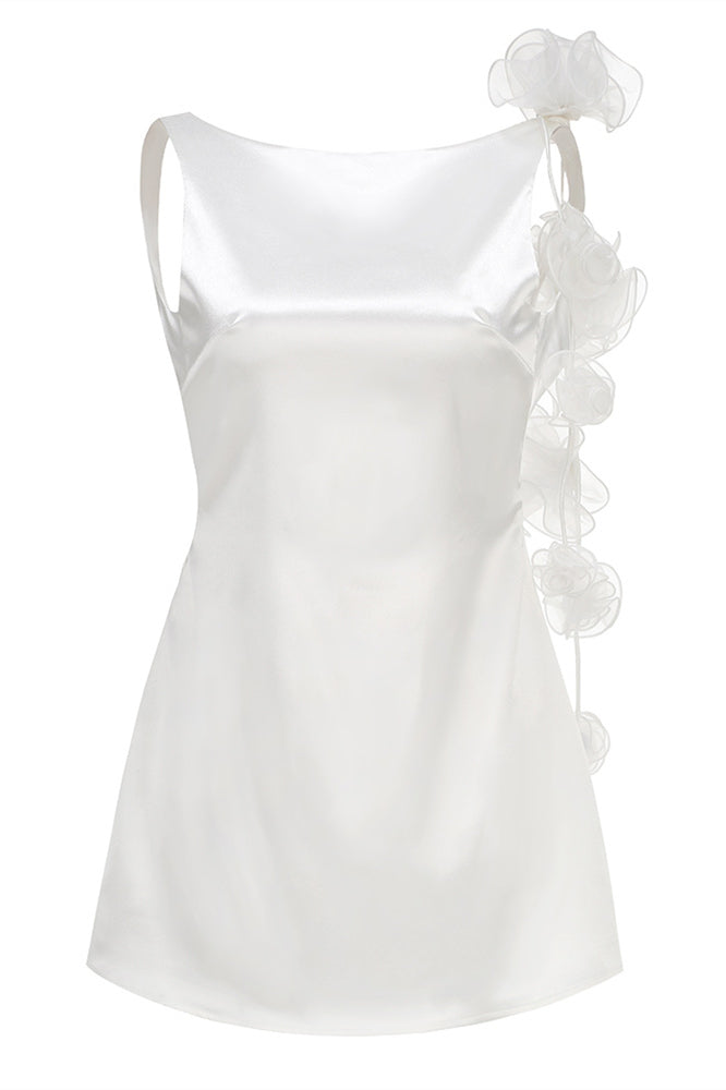 Square Neck White Open Back Short Dress with Rosette