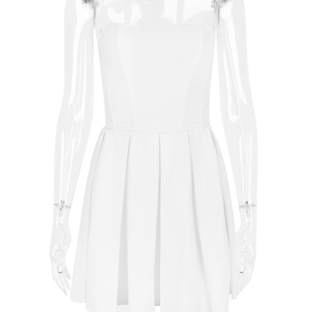 
                      
                        Square Neck White Pleated A-line Short Dress
                      
                    