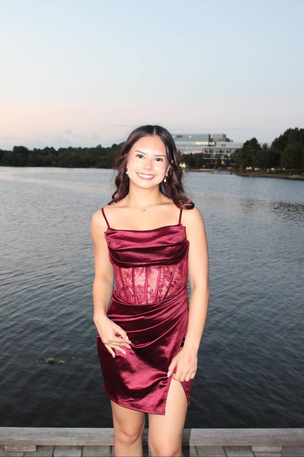 Square Neck Wine Red Lace Appliques Short Dress