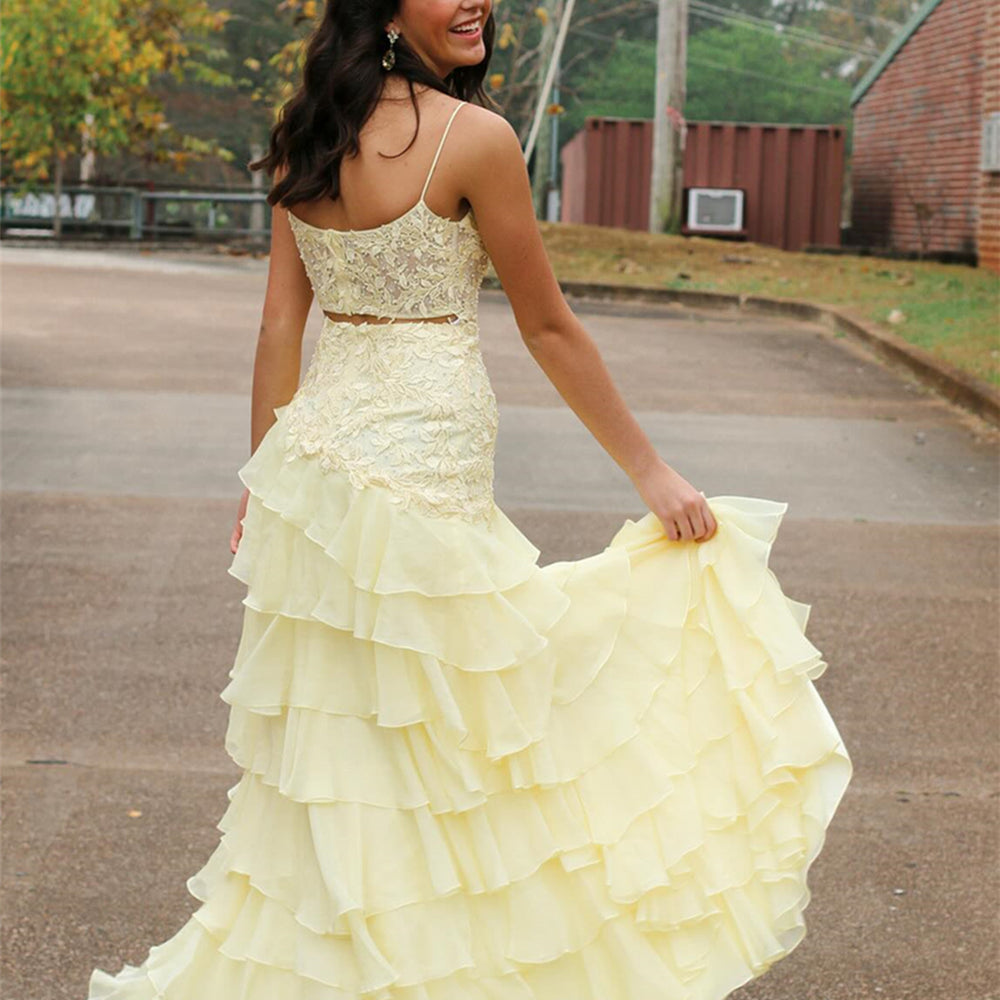 
                      
                        Square Neck Yellow Appliques Tiered Long Dress
                      
                    