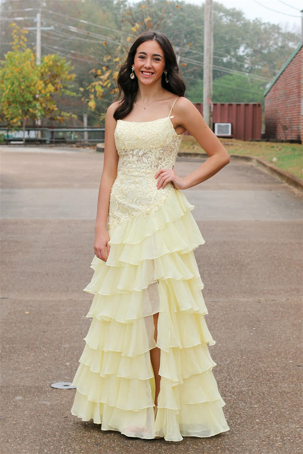 Square Neck Yellow Appliques Tiered Long Dress