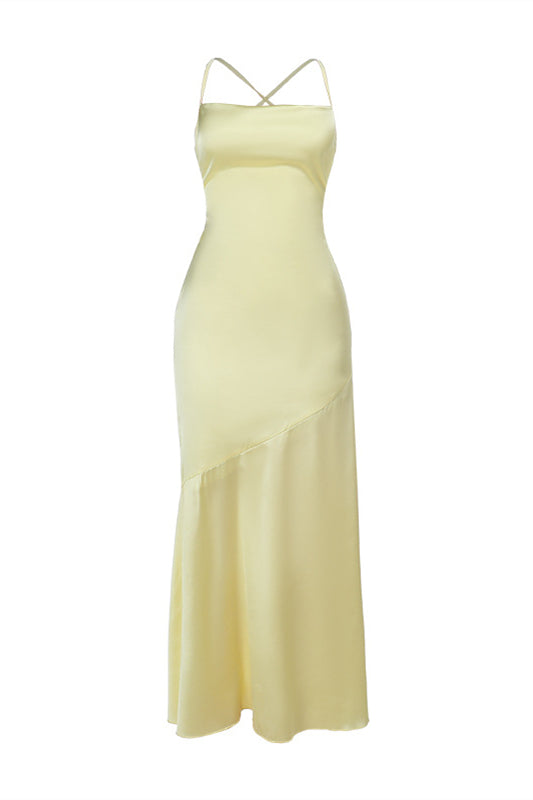 Square Neck Yellow Backless A-line Long Dress