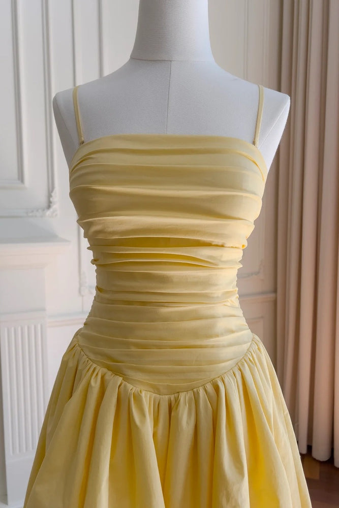 
                      
                        Square Neck Yellow Pleated Long Dress with Slit
                      
                    