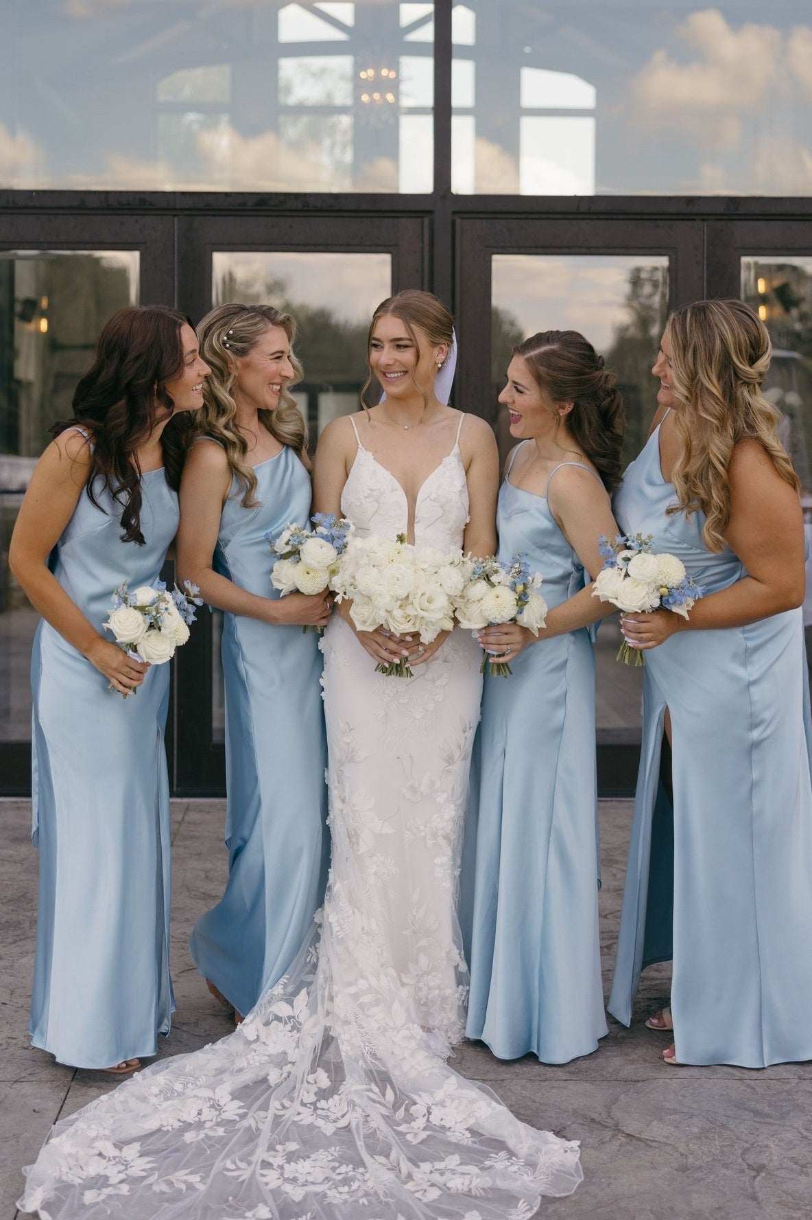 Square Neck Blue Back Bow Bridesmaid Dresses with Slit