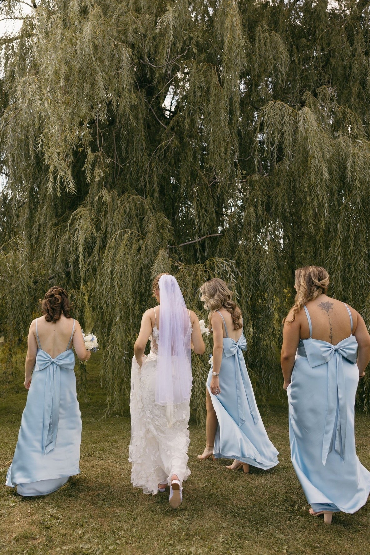 Square Neck Blue Back Bow Bridesmaid Dresses with Slit