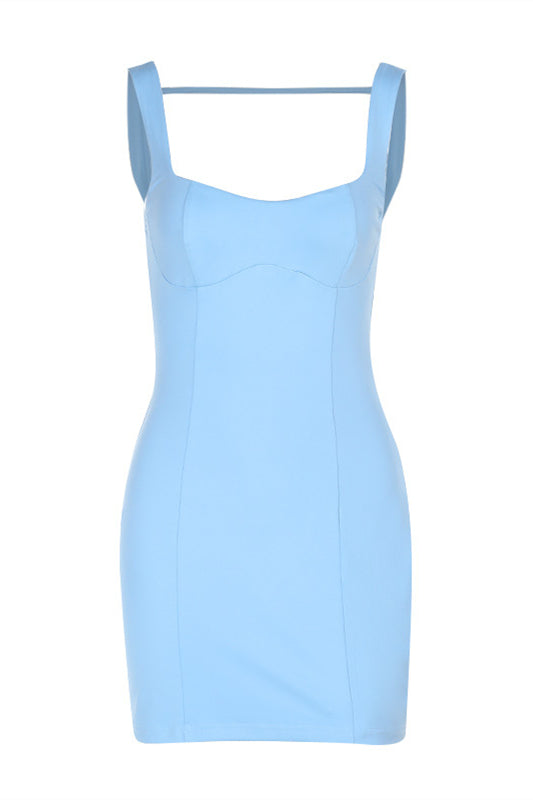 Square Neck Blue Backless Short Dress