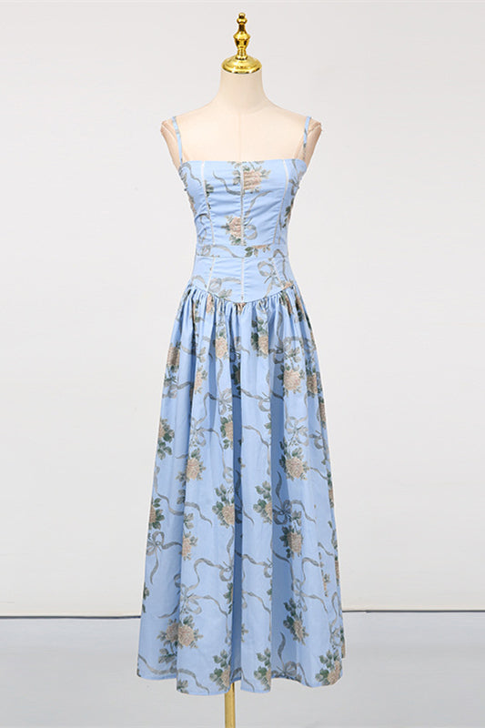 Square Neck Blue Floral Print A-line Long Dress