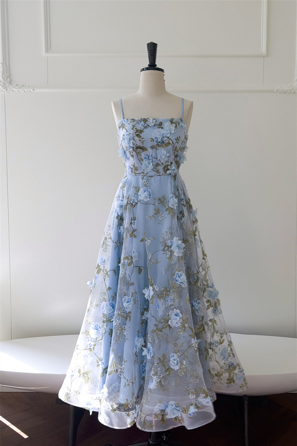 Square Neck Blue Floral Print Long Dress with Slit