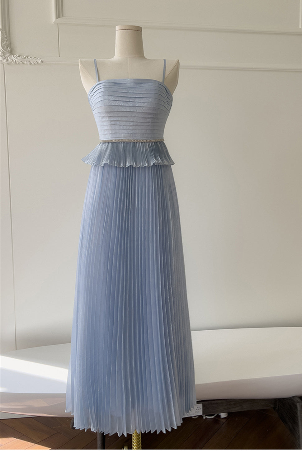 Square Neck Blue Pleated Long Dress with Beaded