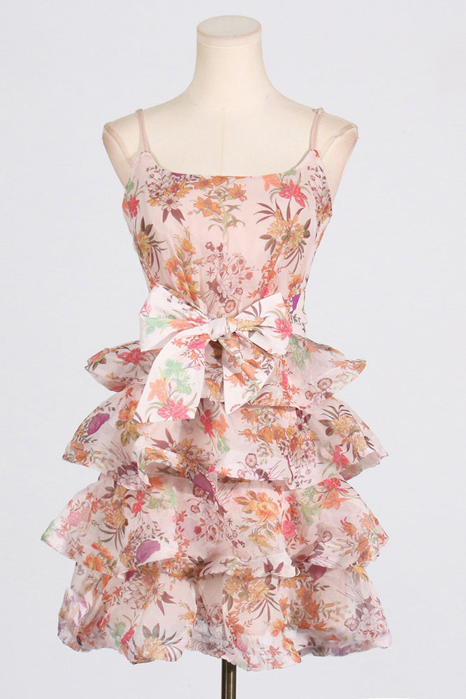 
                      
                        Square Neck Floral Print Ruffled Hem Short Dress with Bow
                      
                    