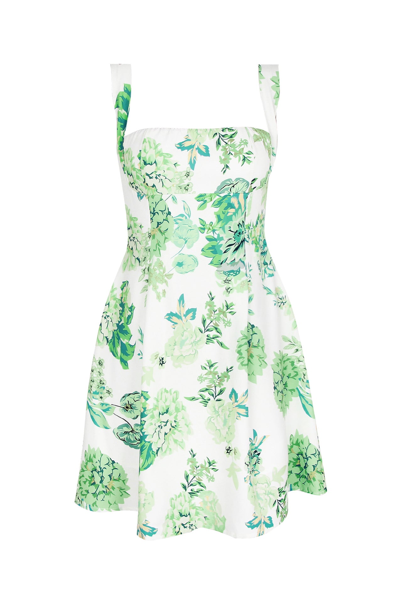 Square Neck Green Floral Print A-line Short Dress