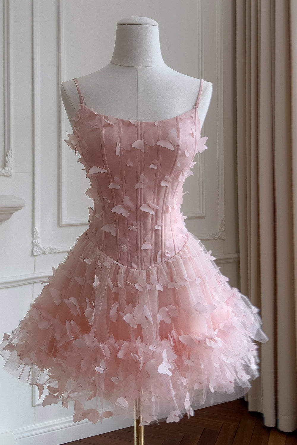 Square Neck Light Pink 3D Butterfly A-line Short Dress