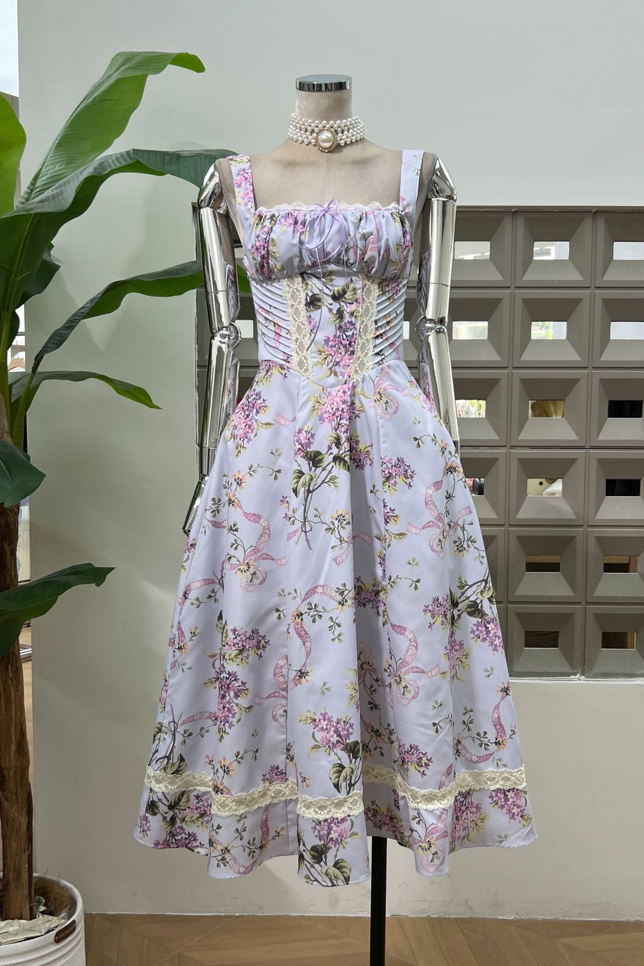 Square Neck Lilac Floral Print Long Dress with Pockets