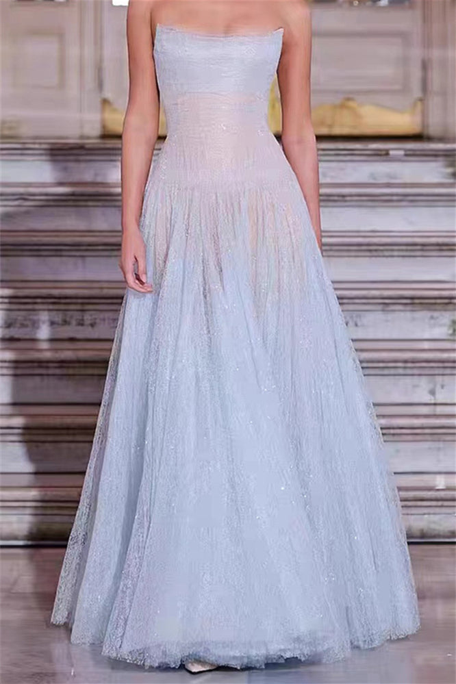 Square Neck Lilac Lace Ruched A-line Long Dress