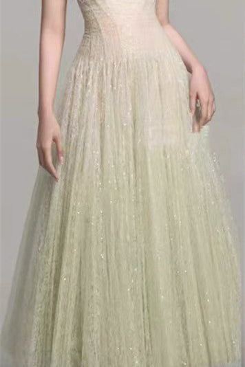Square Neck Lilac Lace Ruched A-line Long Dress