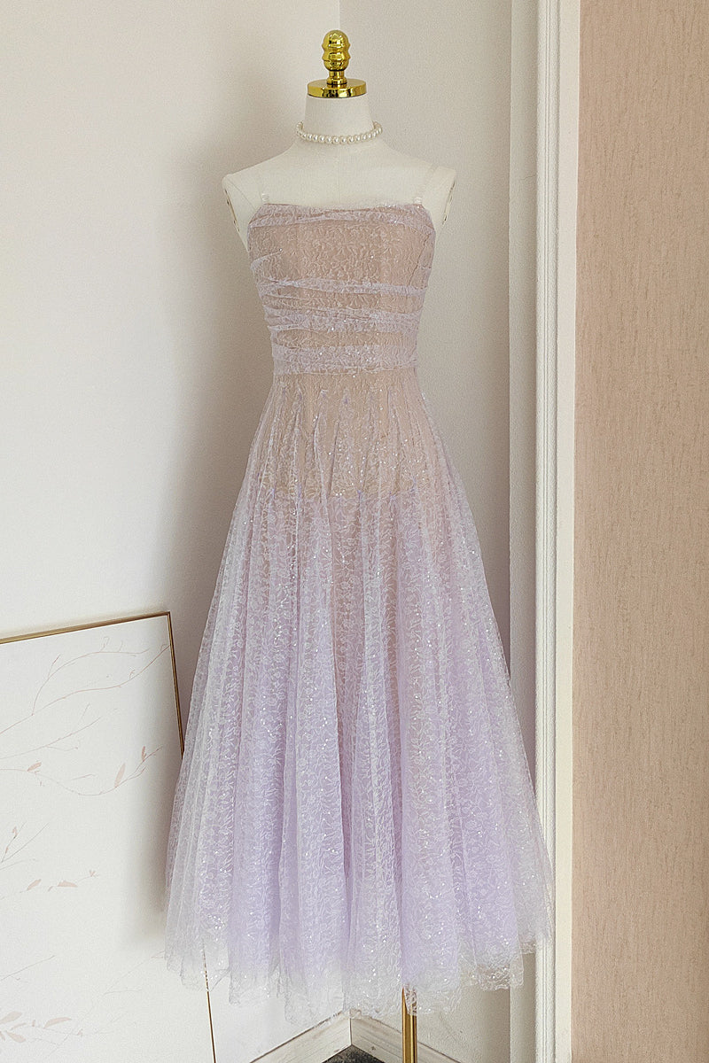 Square Neck Lilac Lace Ruched A-line Long Dress