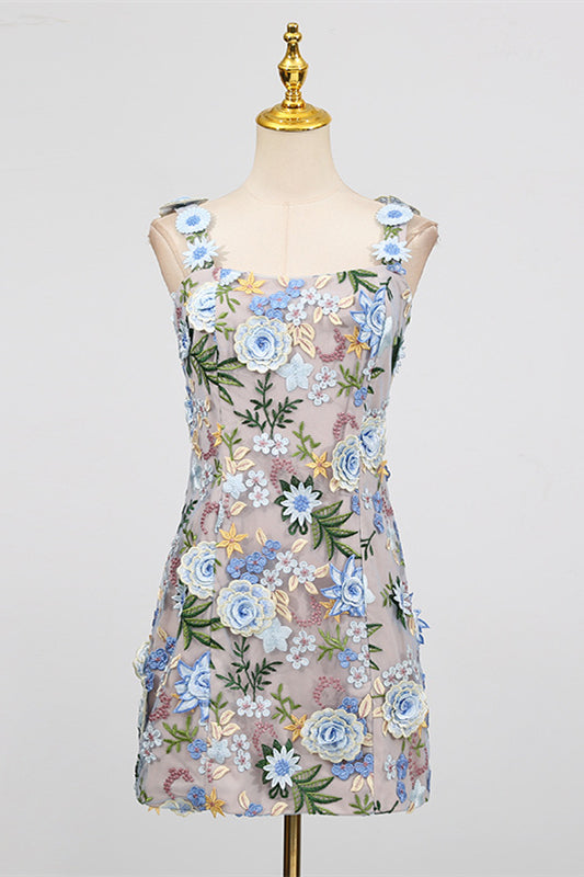 Square Neck Pink 3D Floral A-line Short Dress