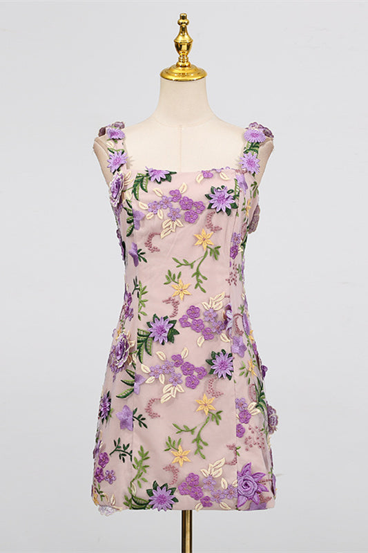 Square Neck Pink 3D Floral A-line Short Dress