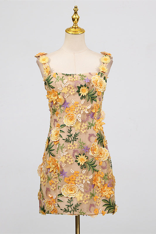Square Neck Pink 3D Floral A-line Short Dress