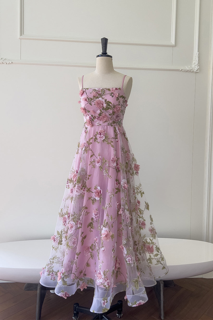 Square Neck Pink Floral Print Long Dress with 3D Floral