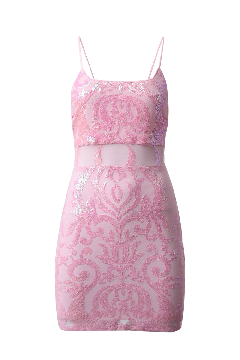 Square Neck Pink Sequin Bodycon Short Dress