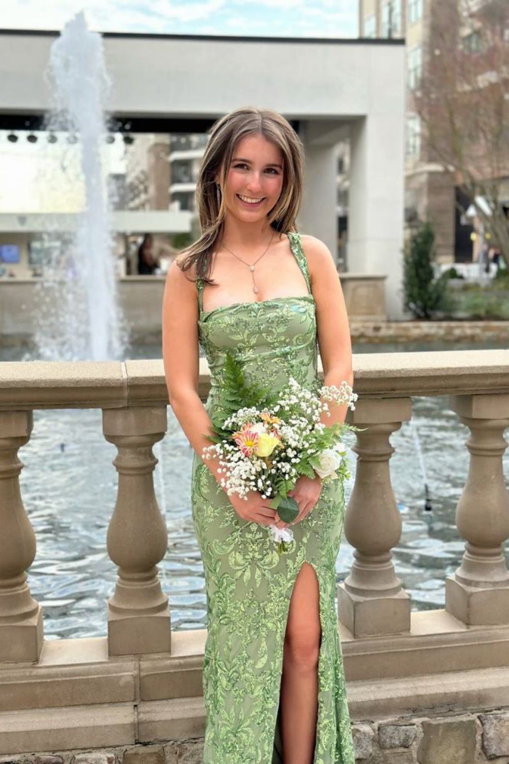Square Neck Purple Floral Sequin Long Dress with Slit